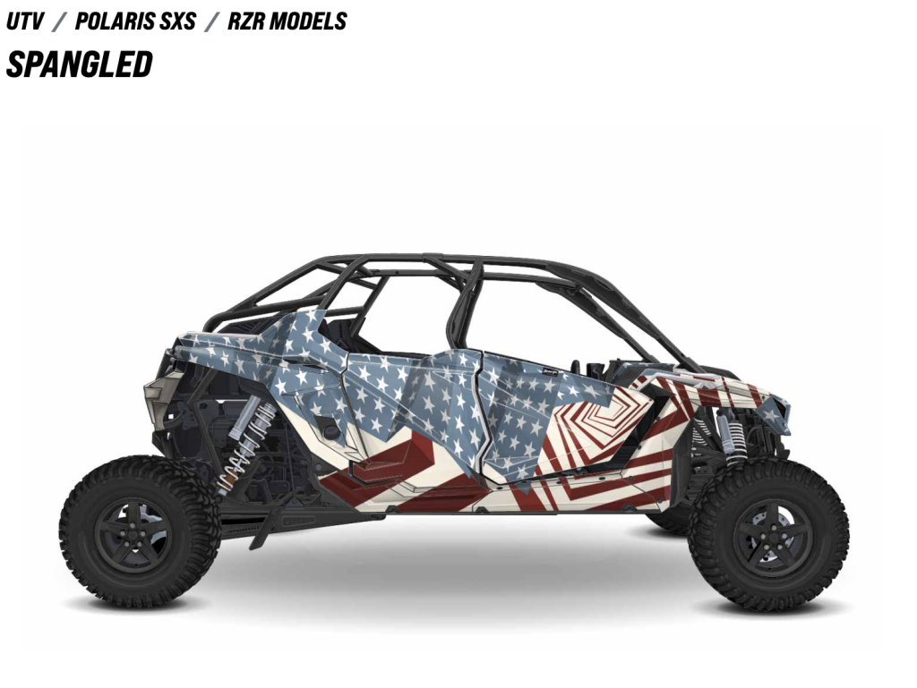 A custom Spangled wrap for Polaris RZR models, featuring an American flag design with stars and stripes.